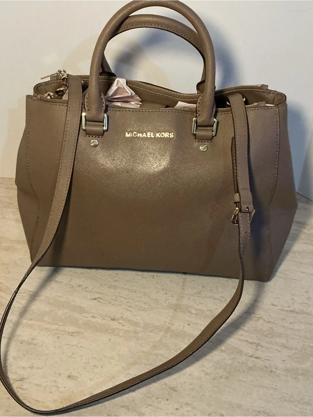 Michael Kors Taupe Saffiano Leather Tote with Gold Hardware